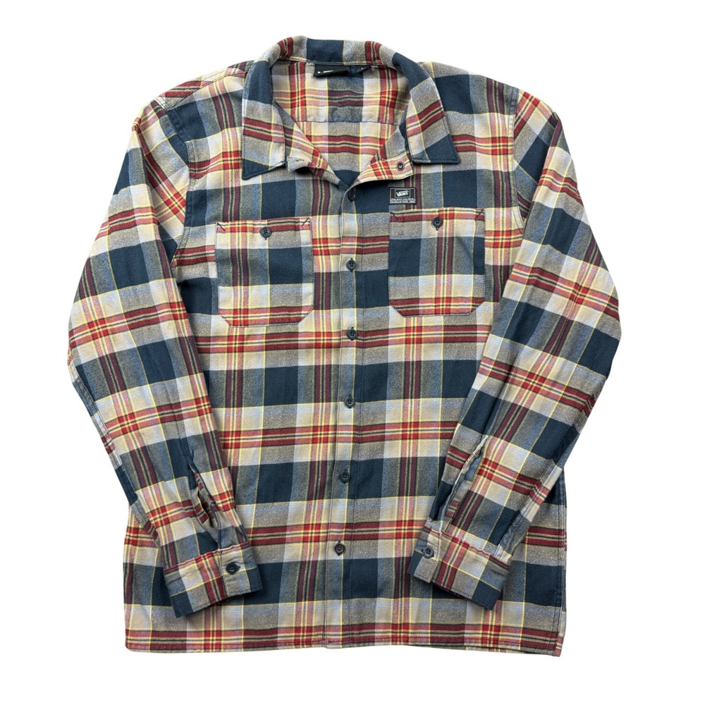 Vans Men Medium Plaid Long Sleeve Button Up Flannel Shirt Blue Red Skater Surfer